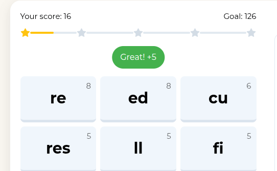 Feedback showing correct letters in hidden words